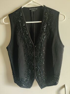 Beaded Black Vest By Theo Miles. Sequin Detail. Dressy Layering Piece.